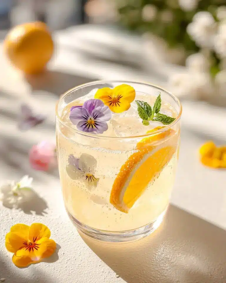 A refreshing Springtime Spritzer served in a glass garnished with fruit.