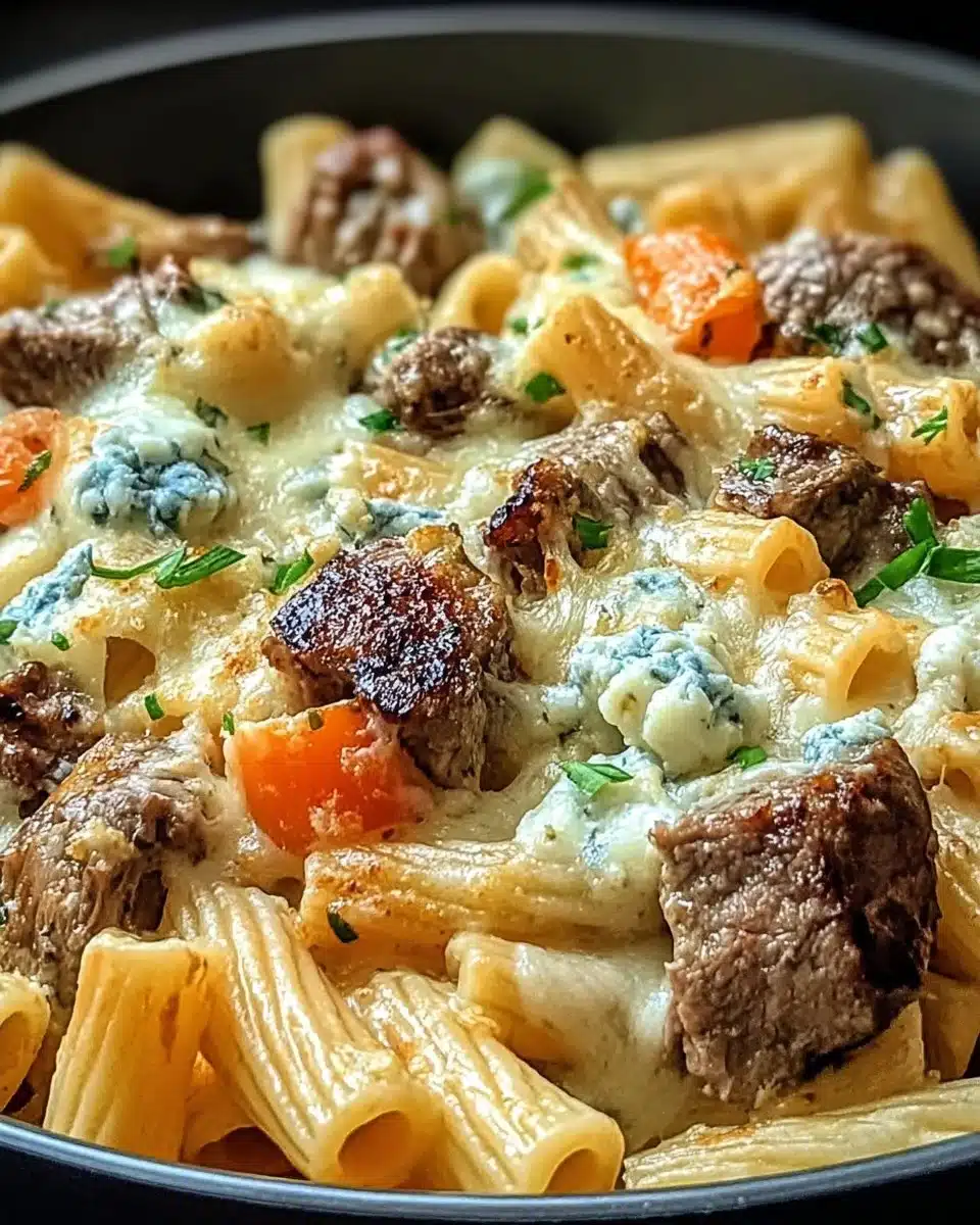 Delicious Steak Rigatoni Bake with blue cheese, served in a skillet.