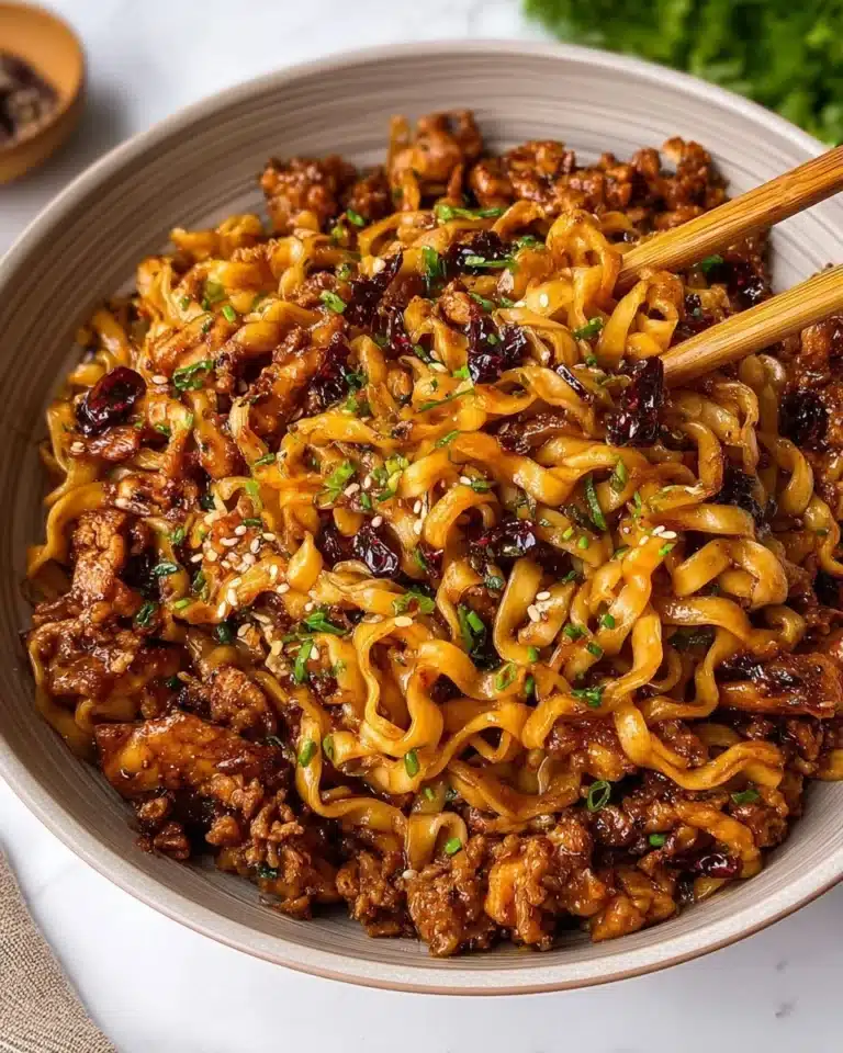 Delicious sticky garlic chicken noodles garnished with green onions