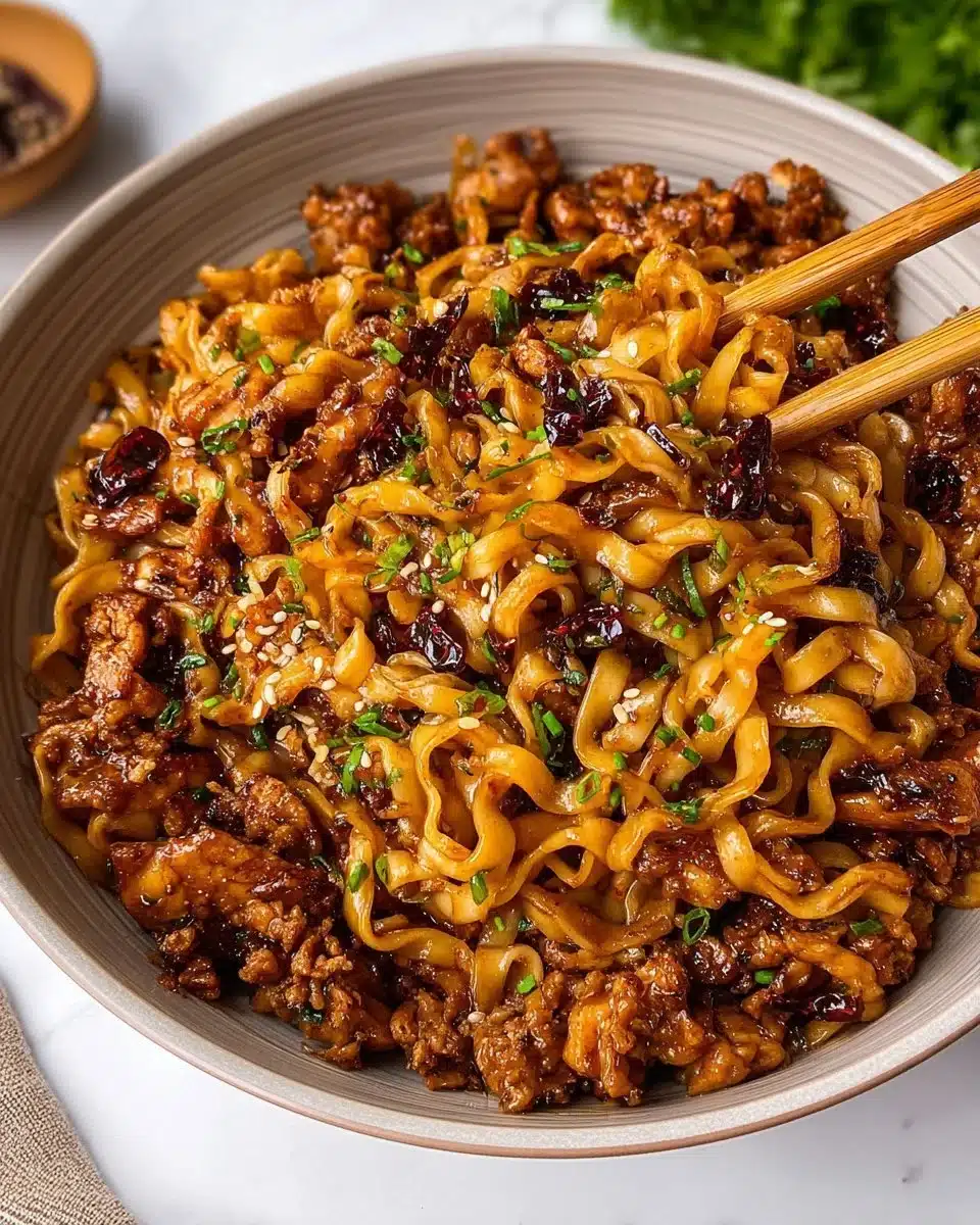 Delicious sticky garlic chicken noodles garnished with green onions