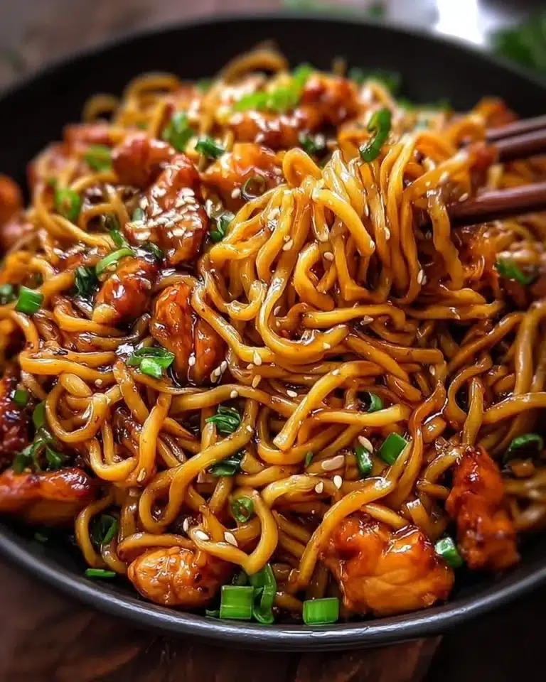 Bowl of sticky garlic chicken noodles garnished with green onions