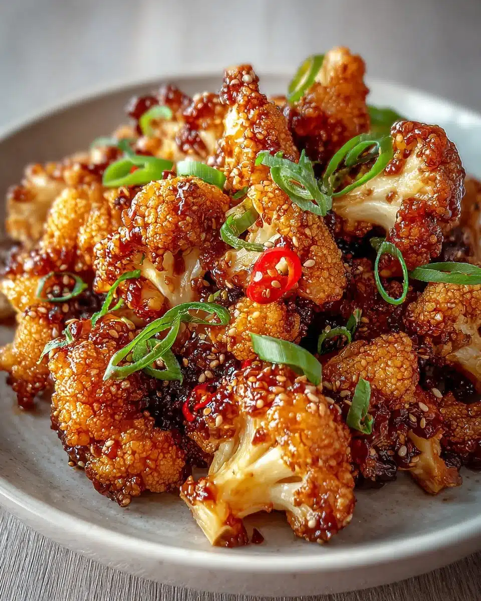 Delicious sticky honey garlic cauliflower dish served on a plate