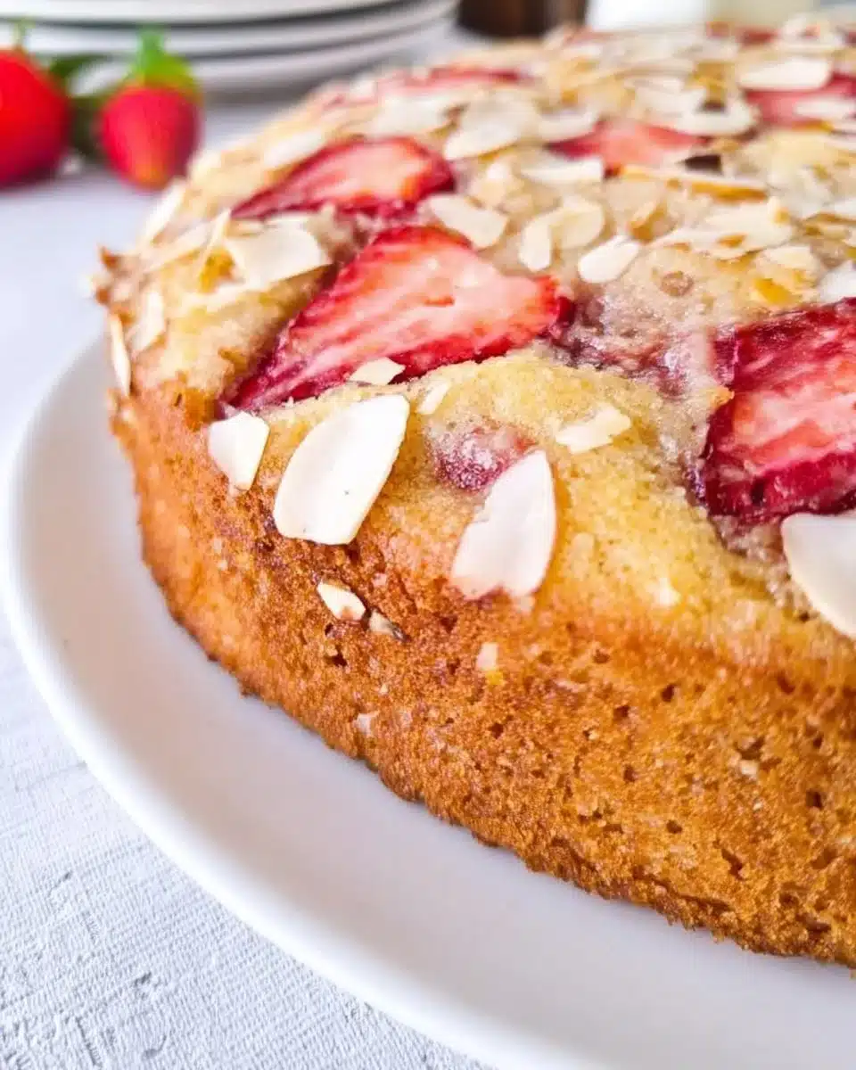 Delicious Strawberry Almond Tea Cake with slices of strawberries