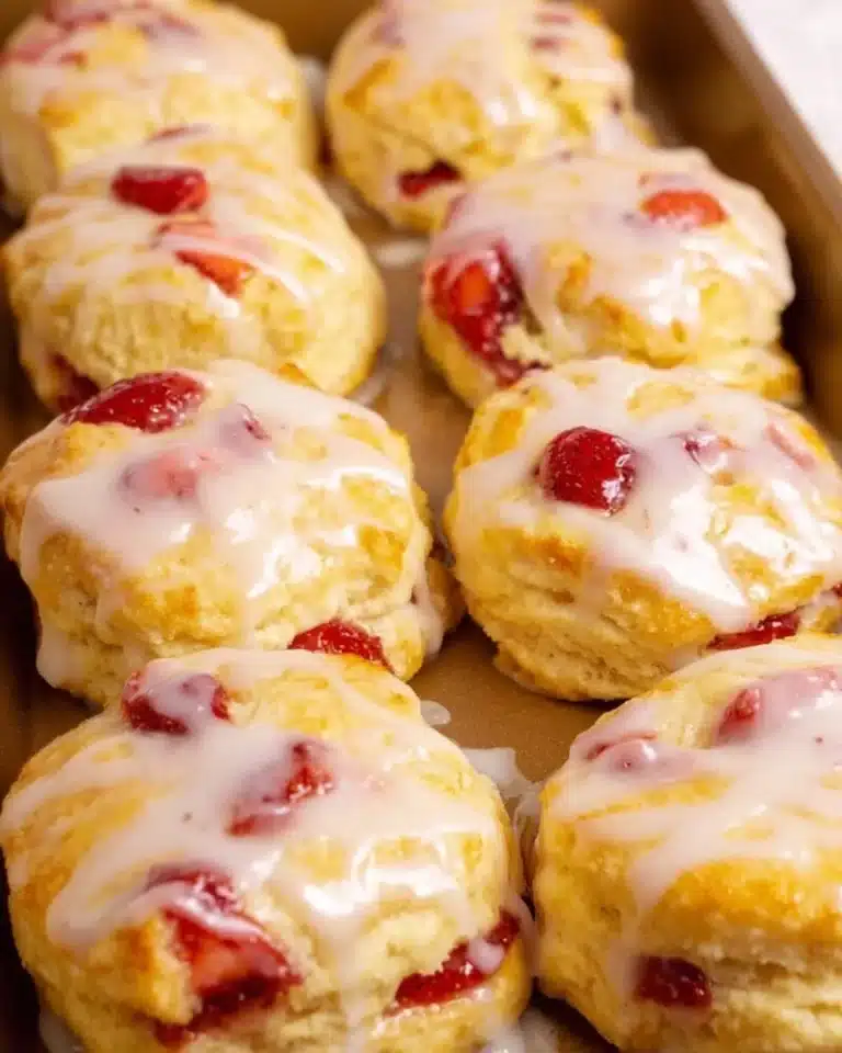 Freshly baked strawberry biscuits on a rustic wooden table