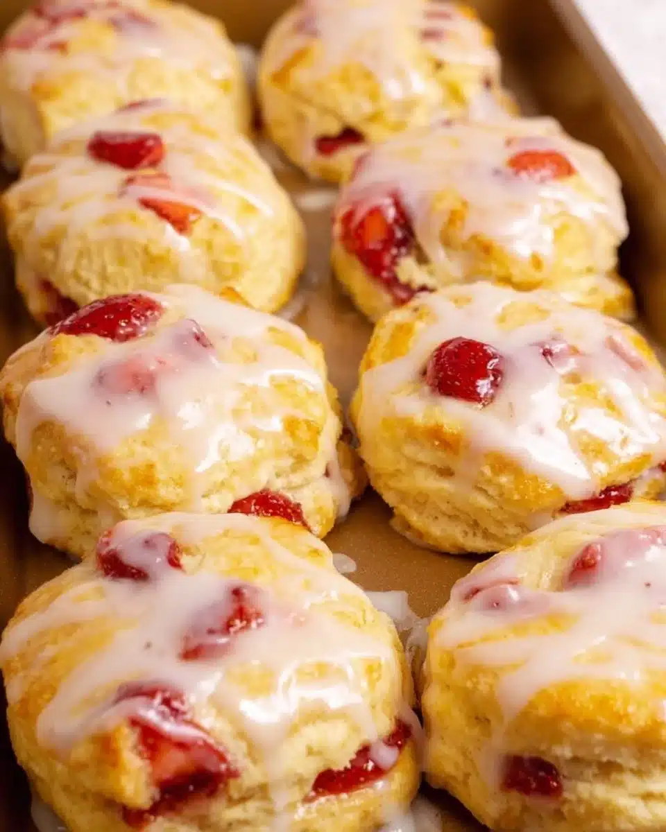 Freshly baked strawberry biscuits on a rustic wooden table