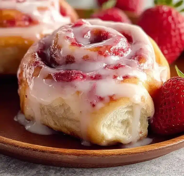 Freshly baked strawberry cinnamon rolls with a sweet glaze and strawberries on top.