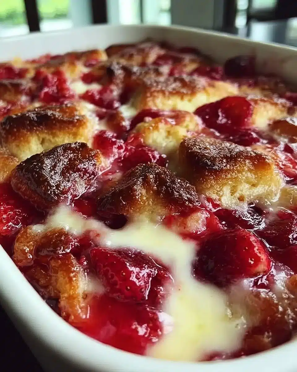 Delicious strawberry cream cheese cobbler served in a baking dish