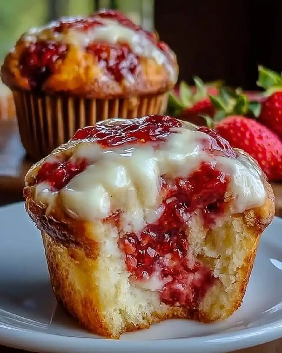 Delicious strawberry muffins with cream cheese topping