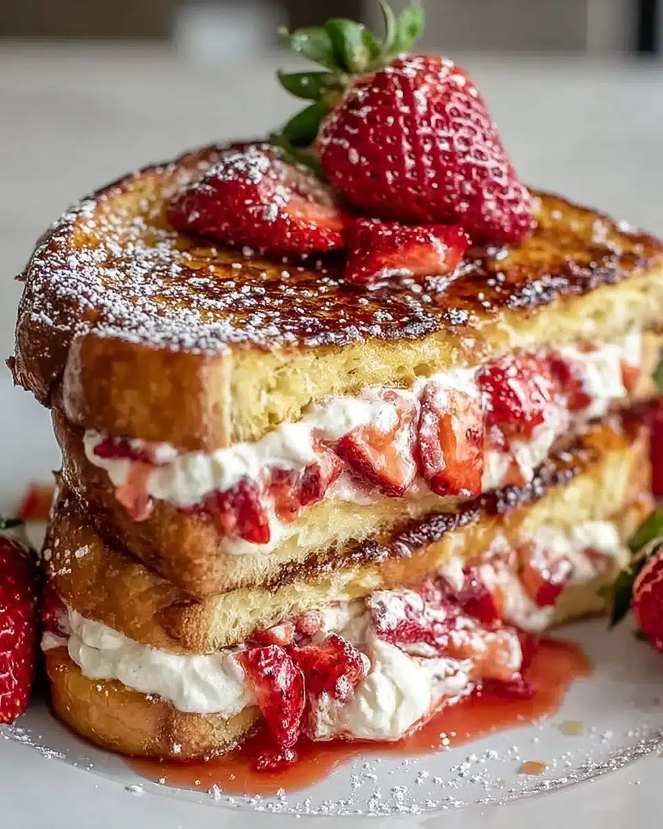 Delicious strawberry cream cheese stuffed French toast topped with fresh strawberries