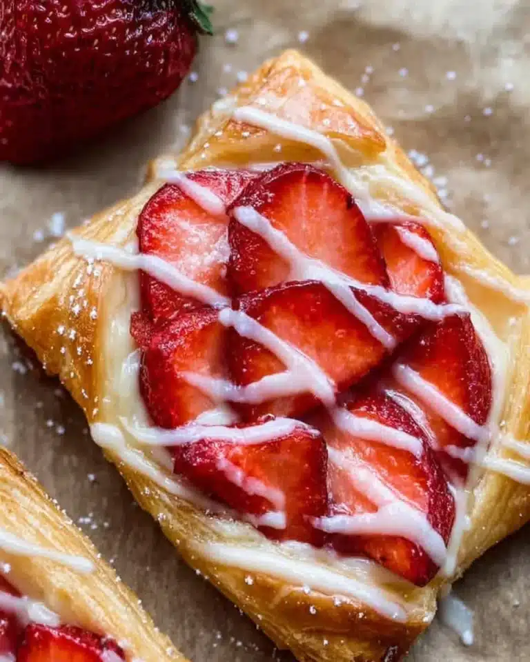 Freshly baked Strawberry Danish with juicy strawberries and flaky pastry