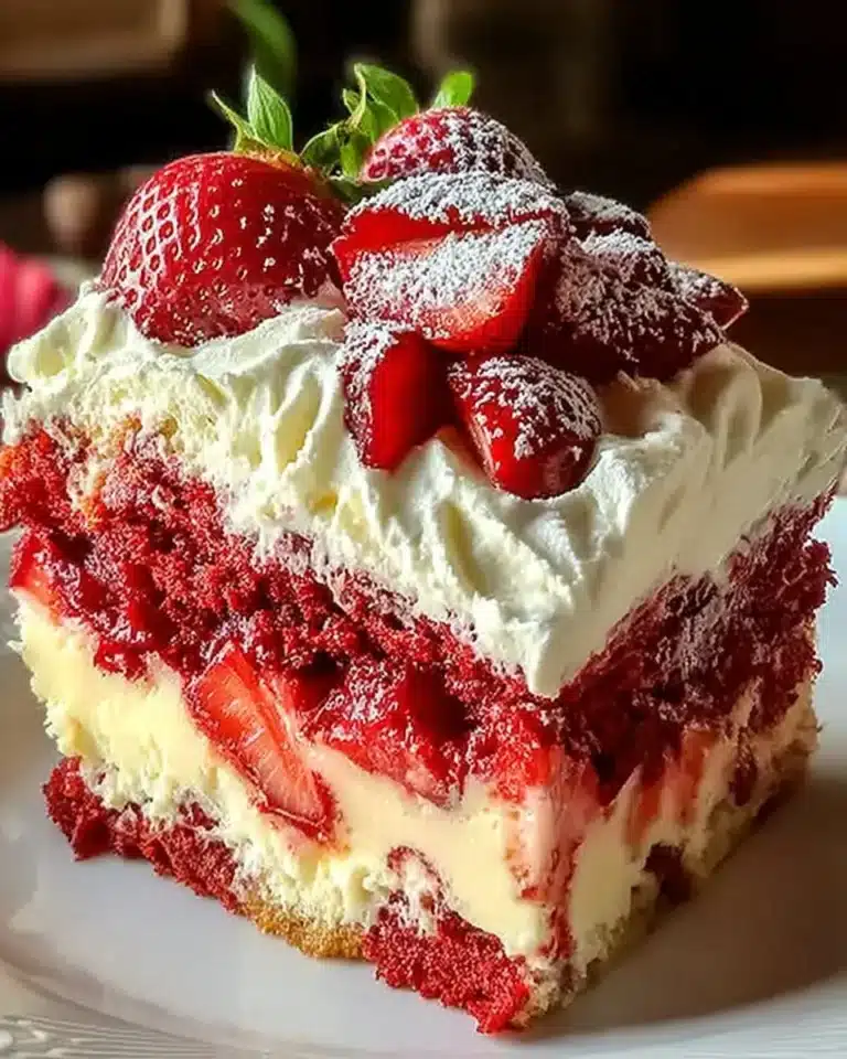 Slice of Strawberry Earthquake Cake topped with fresh strawberries and cream