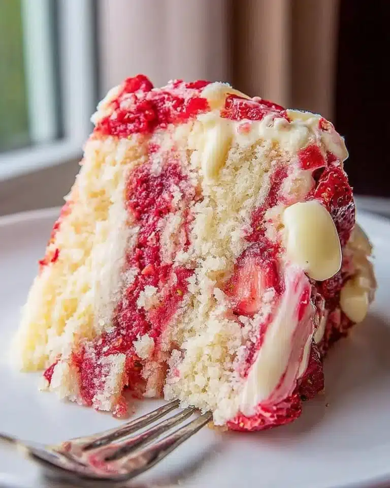 Slice of Strawberry Earthquake Cake with strawberries and cream cheese topping