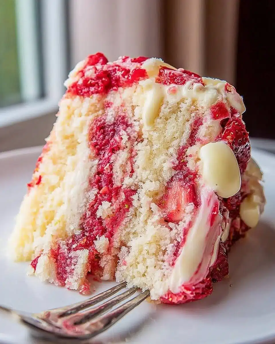 Slice of Strawberry Earthquake Cake with strawberries and cream cheese topping