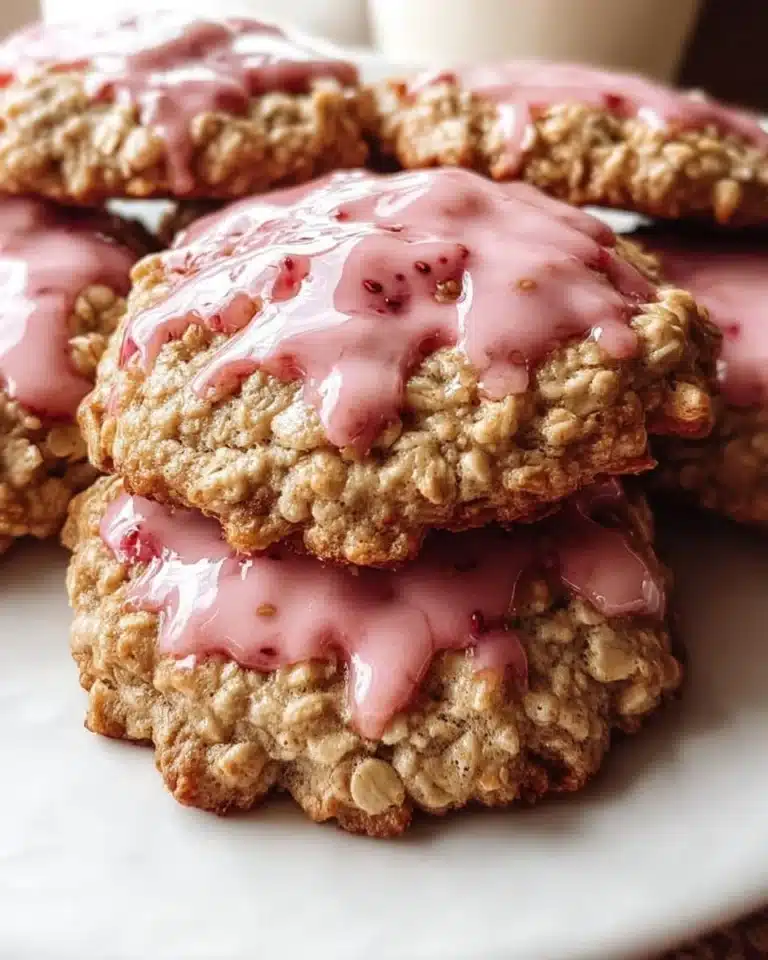 Freshly baked strawberry iced oatmeal cookies on a cooling rack