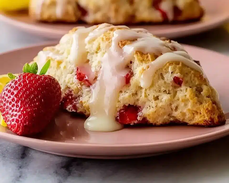 Freshly baked Strawberry Lemon Cream Scones on a plate