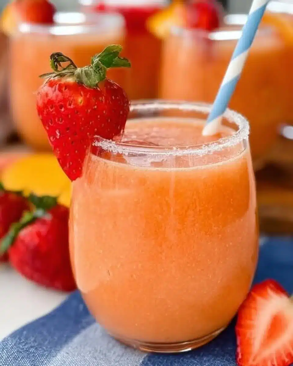Delicious Strawberry Mango Margarita in a glass with fruit garnishes