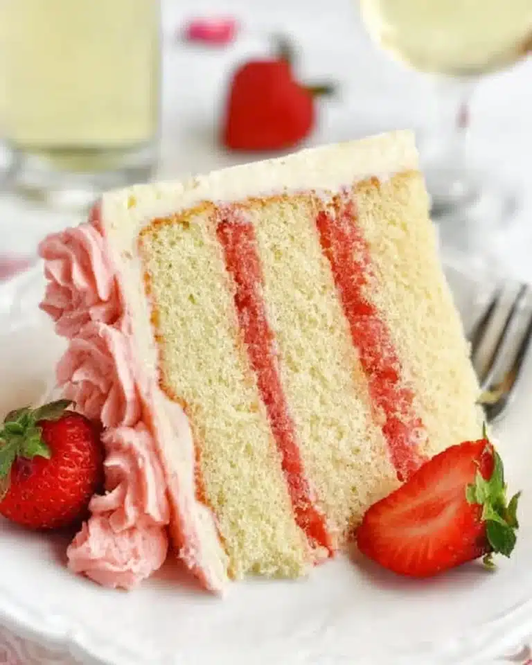 Sliced Strawberry Moscato Layer Cake with fresh strawberries and wine-infused frosting.