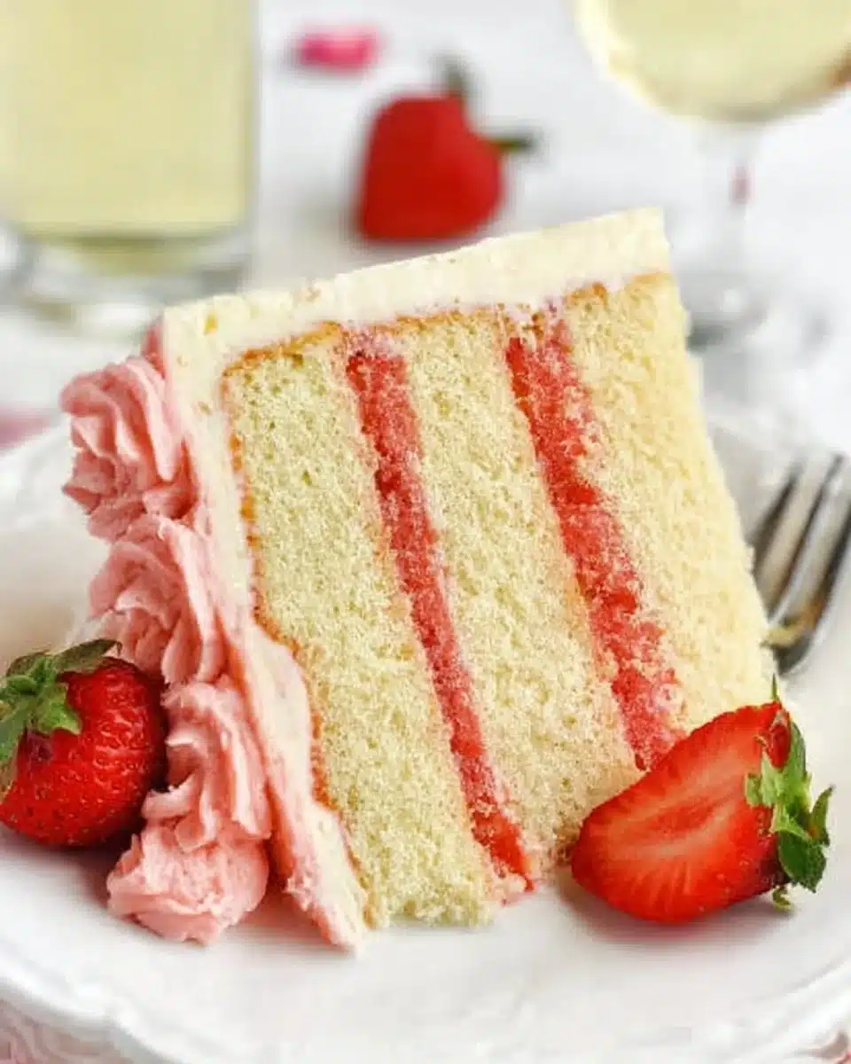 Sliced Strawberry Moscato Layer Cake with fresh strawberries and wine-infused frosting.
