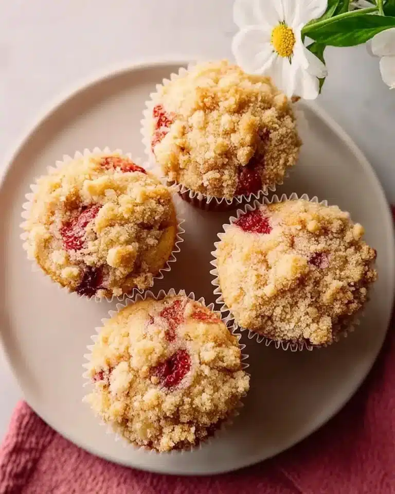 Delicious strawberry muffins topped with a crumble finish