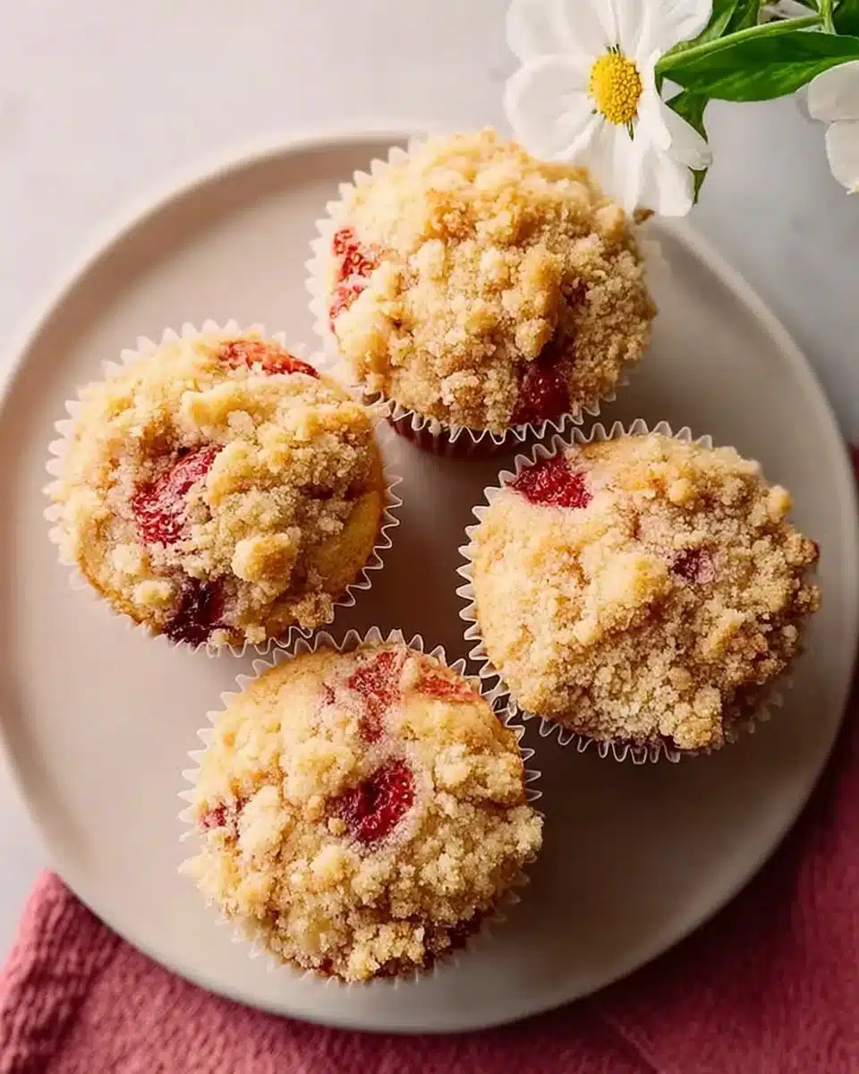 Delicious strawberry muffins topped with a crumble finish