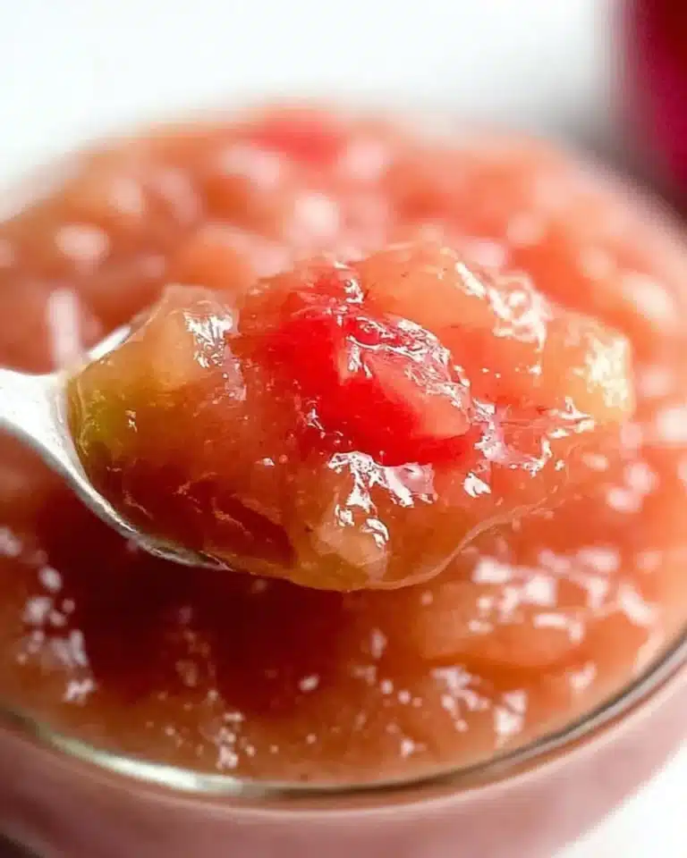 Bowl of strawberry rhubarb applesauce with fresh strawberries and rhubarb