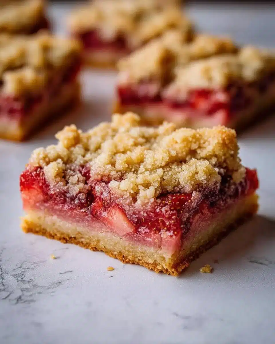 Delicious Strawberry Rhubarb Crumb Bars ready to be served on a plate