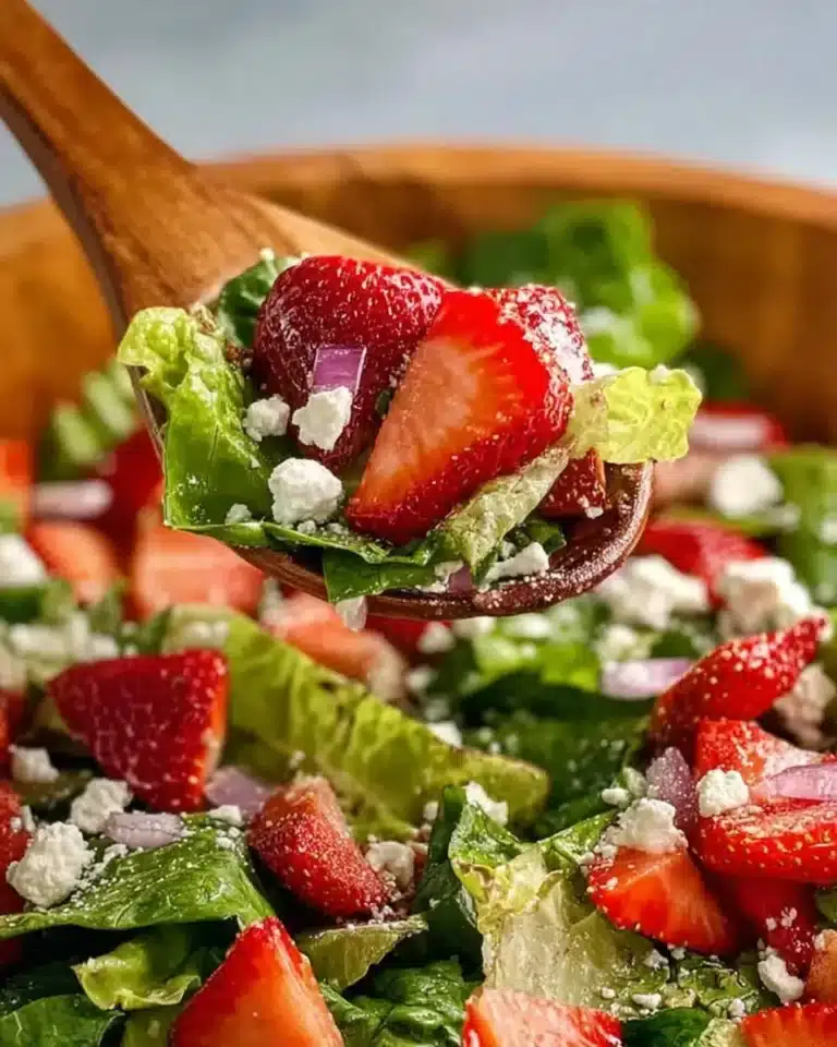 A vibrant strawberry romaine feta salad with fresh greens and sweet strawberries.