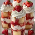 Delectable strawberry shortcake cups topped with fresh strawberries and whipped cream