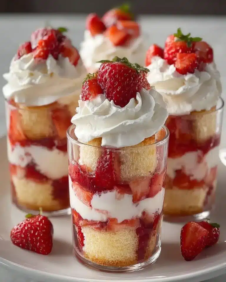 Delectable strawberry shortcake cups topped with fresh strawberries and whipped cream