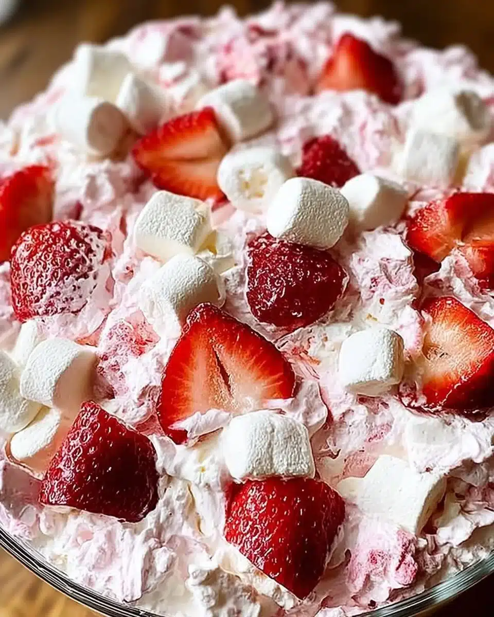 Delicious Strawberry Shortcake Fluff Salad served in a bowl