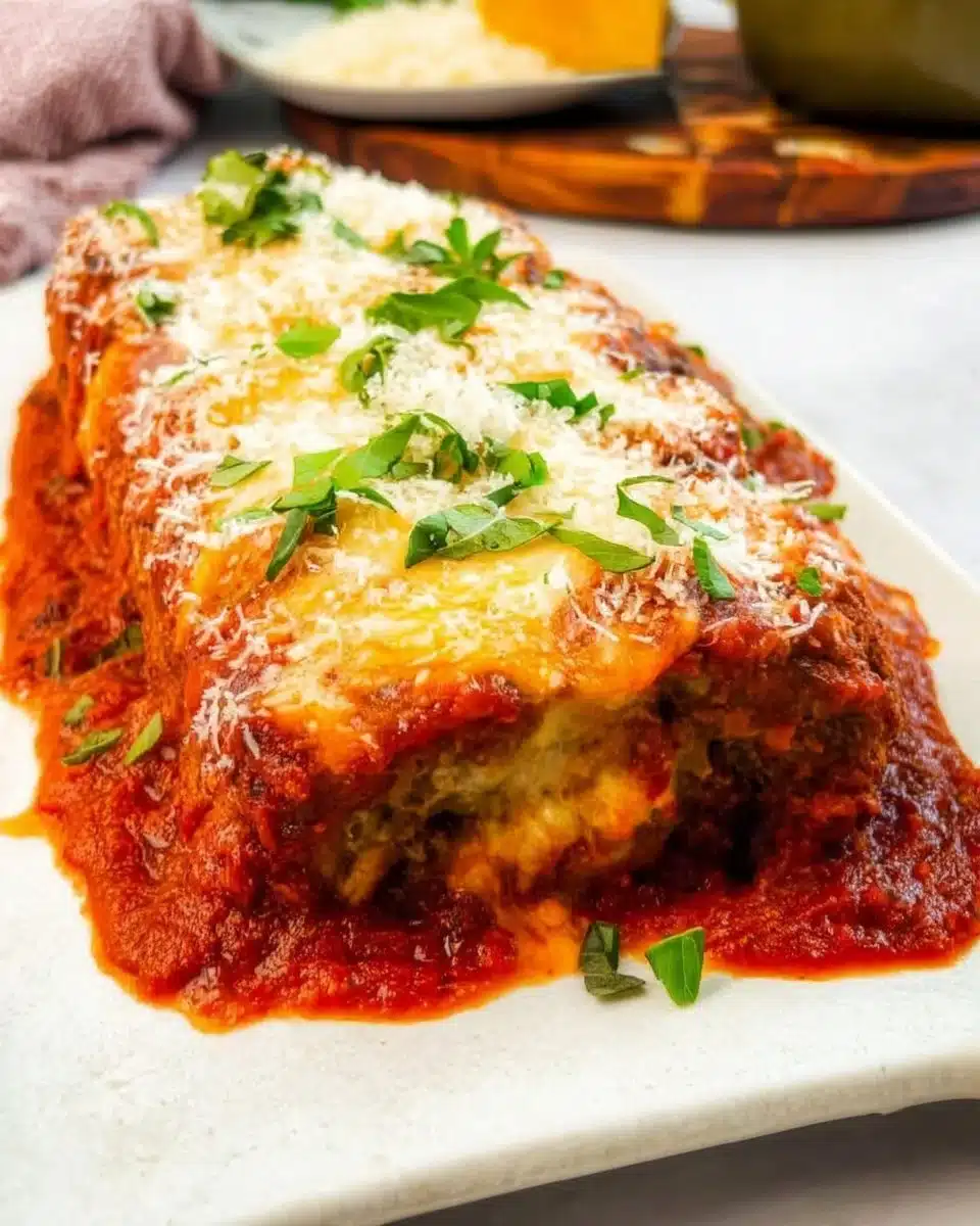 Delicious stuffed Italian meatloaf sliced and garnished
