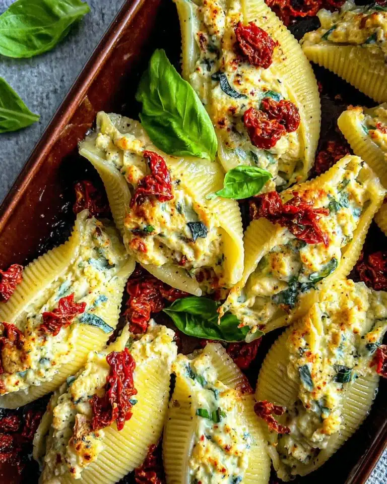 Sun-dried tomato and ricotta stuffed shells plated with basil garnish