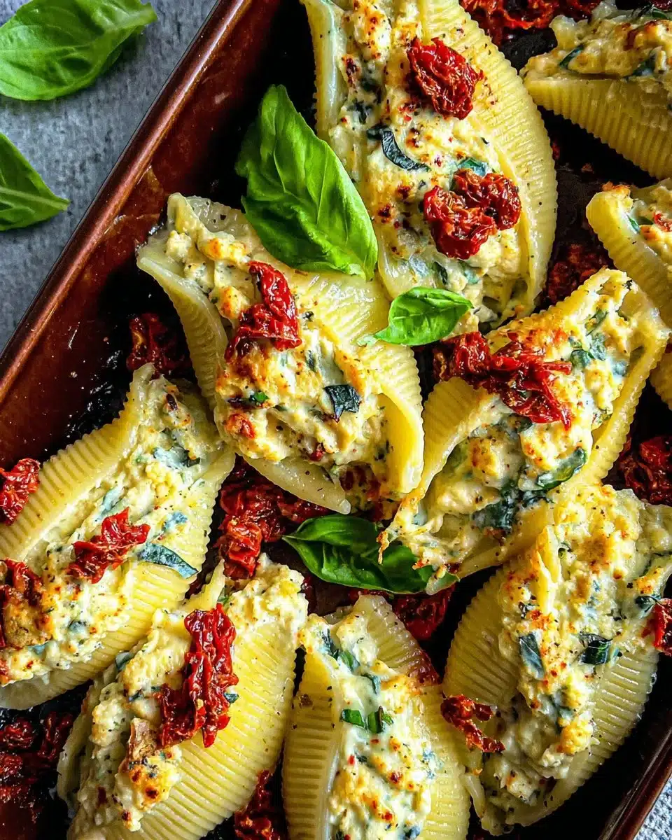 Sun-dried tomato and ricotta stuffed shells plated with basil garnish