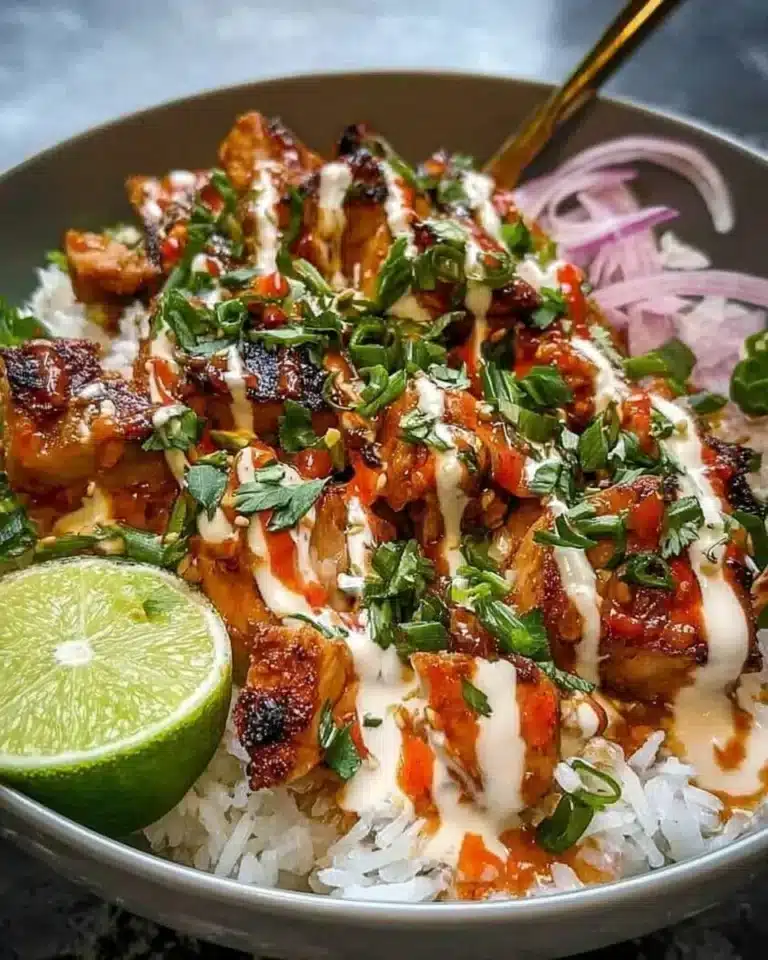 Sweet chili chicken bowl with colorful vegetables and rice