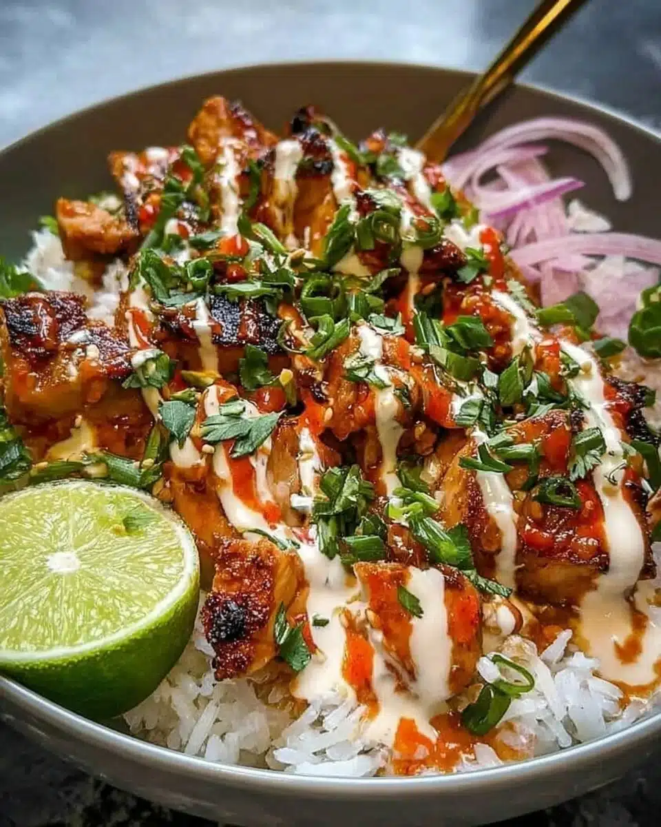 Sweet chili chicken bowl with colorful vegetables and rice