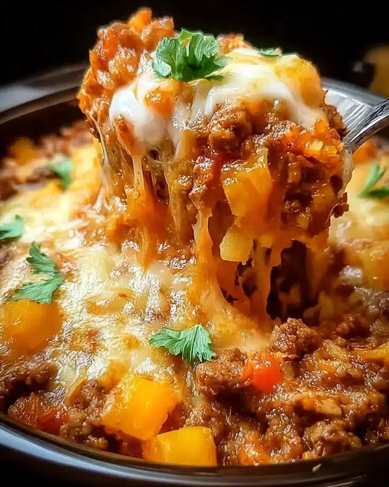 Taco Hashbrown Casserole in a slow cooker, topped with cheese and fresh herbs.
