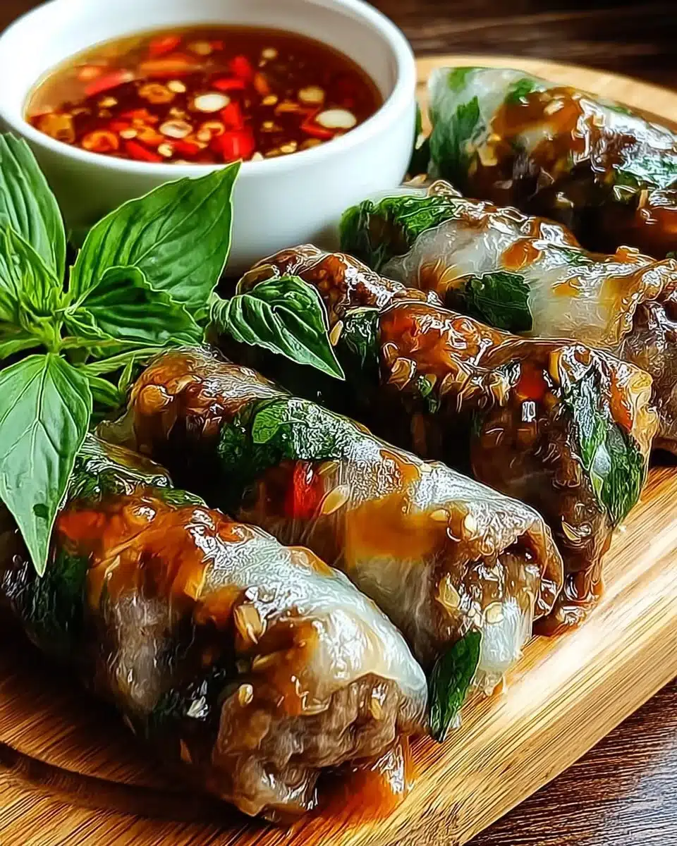 Delicious Thai Basil Beef Rolls served with fresh herbs and dipping sauce