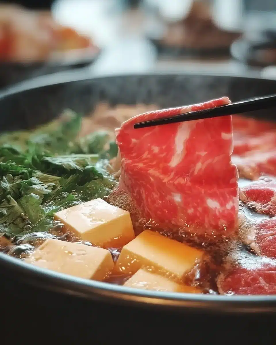 Traditional Shabu Shabu hot pot with thinly sliced meat and fresh vegetables