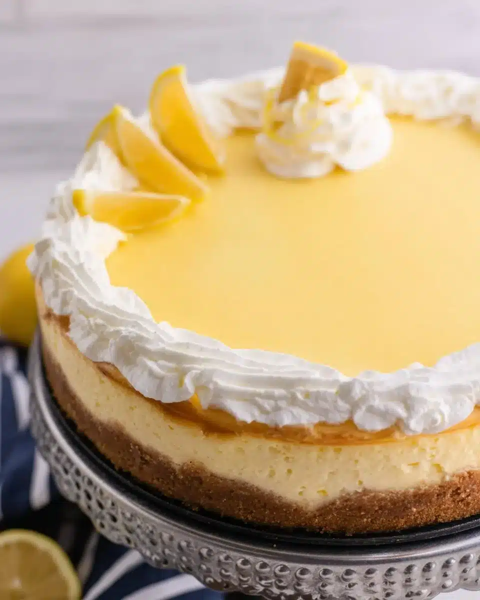 Slice of creamy Triple Lemon Cheesecake topped with lemon zest.