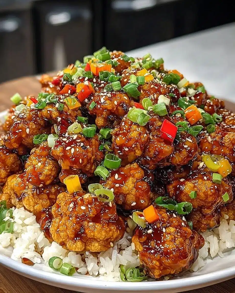 Tso's Cauliflower bowls with vegetables and sauce in a vibrant bowl