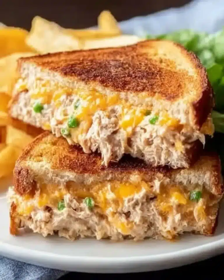 Tuna melt sandwich without bread served on a plate with melted cheese