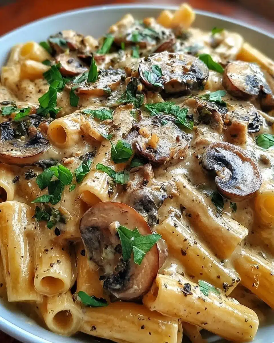 Creamy Tuscan Mushroom Pasta Skillet with fresh herbs and Parmesan cheese