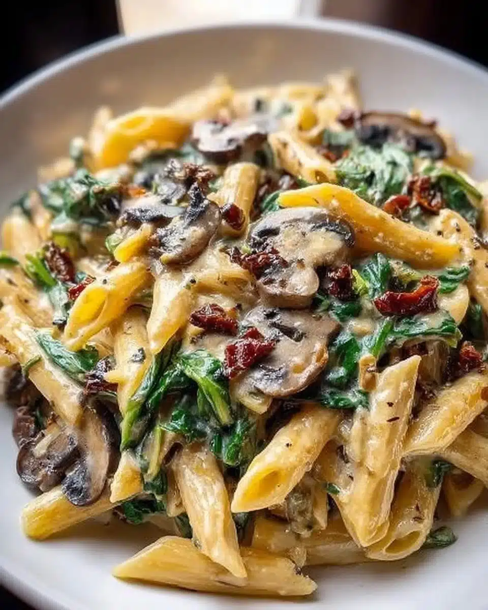 Delicious Tuscan mushroom pasta skillet served with fresh herbs