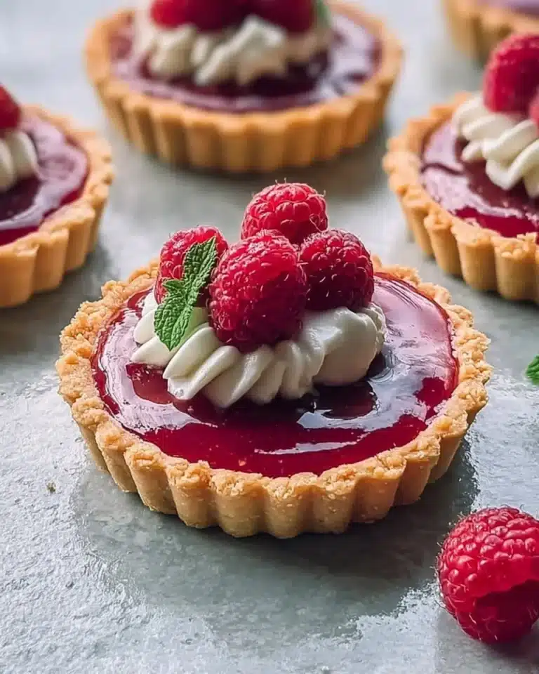 Vegan raspberry curd tarts garnished with fresh raspberries and mint leaves
