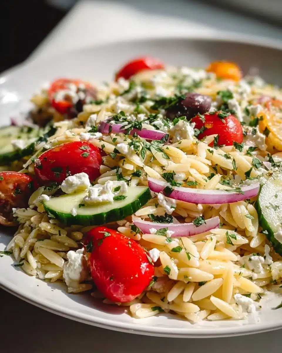 A bowl of Vegetarian Greek Orzo Pasta Salad loaded with fresh vegetables and herbs.