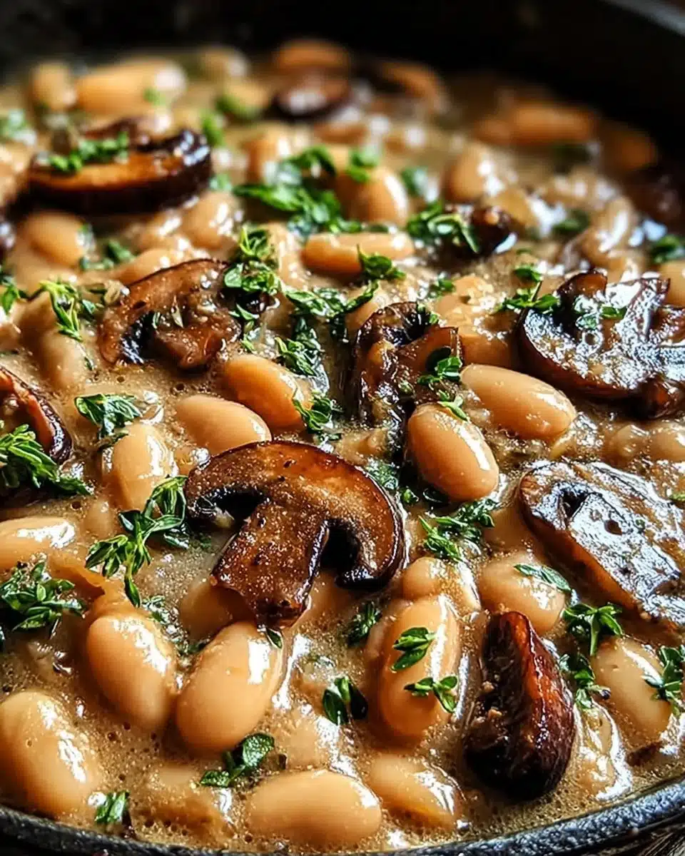 White bean skillet with mushrooms, a healthy vegetarian dish in a pan.