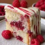 Delicious white chocolate raspberry cake with fresh raspberries and creamy frosting