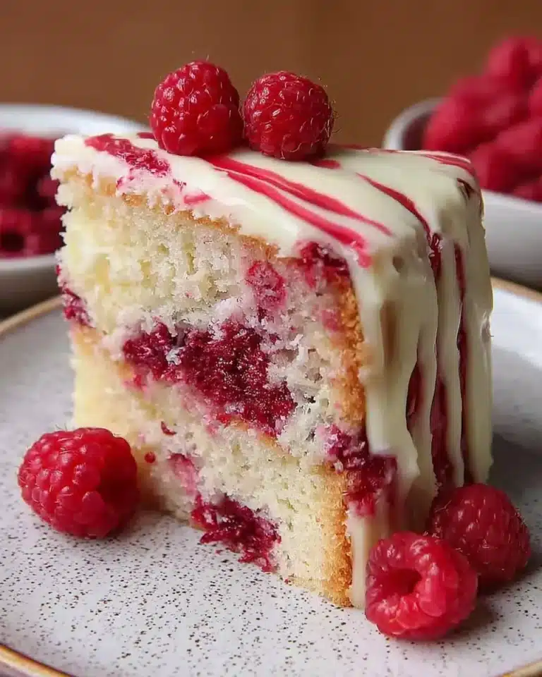 Delicious white chocolate raspberry cake with fresh raspberries and creamy frosting