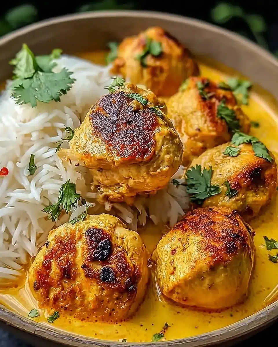 Plate of Yellow Churu Chicken garnished with fresh herbs