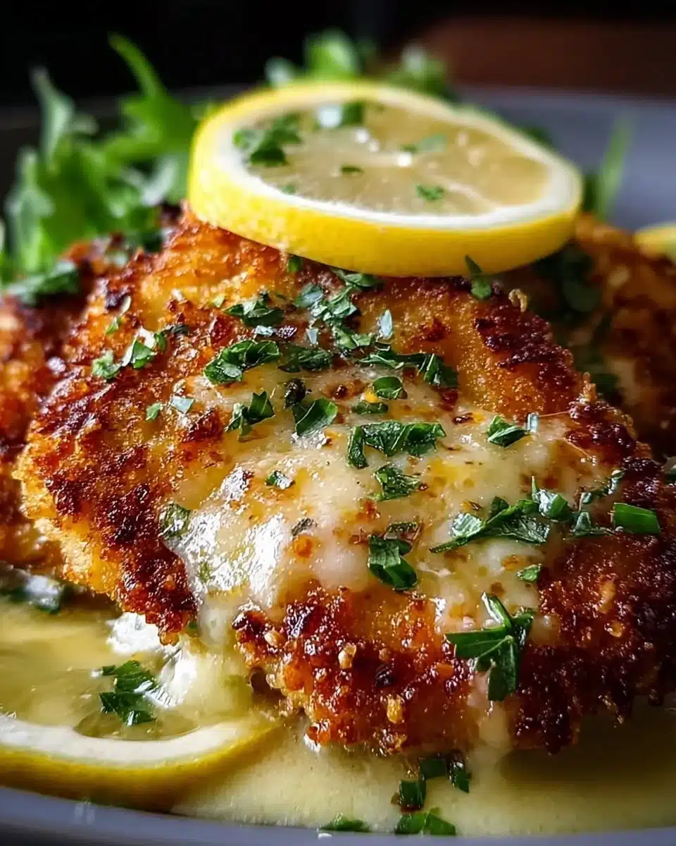 Zesty lemon pecorino crispy chicken dish garnished with herbs and lemon slices.